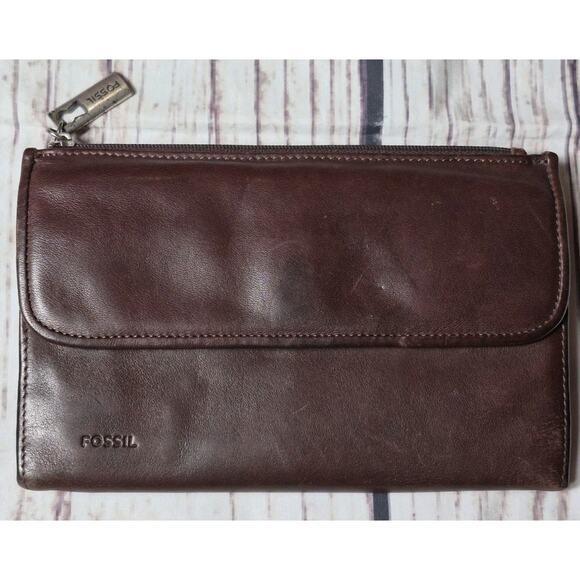 Vintage Fossil Brown Genuine Leather Wallet Many Pockets & Organizers - Picture 1 of 11